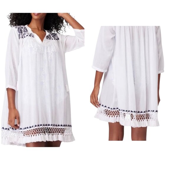 Roller Rabbit Lucknow Serafina Tunic White Navy Embroidered Tassel S - Picture 1 of 8